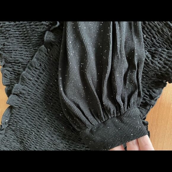 VERONA couture black sparkle smock faux wrap off shoulder crop top with sleeves - Picture 6 of 13